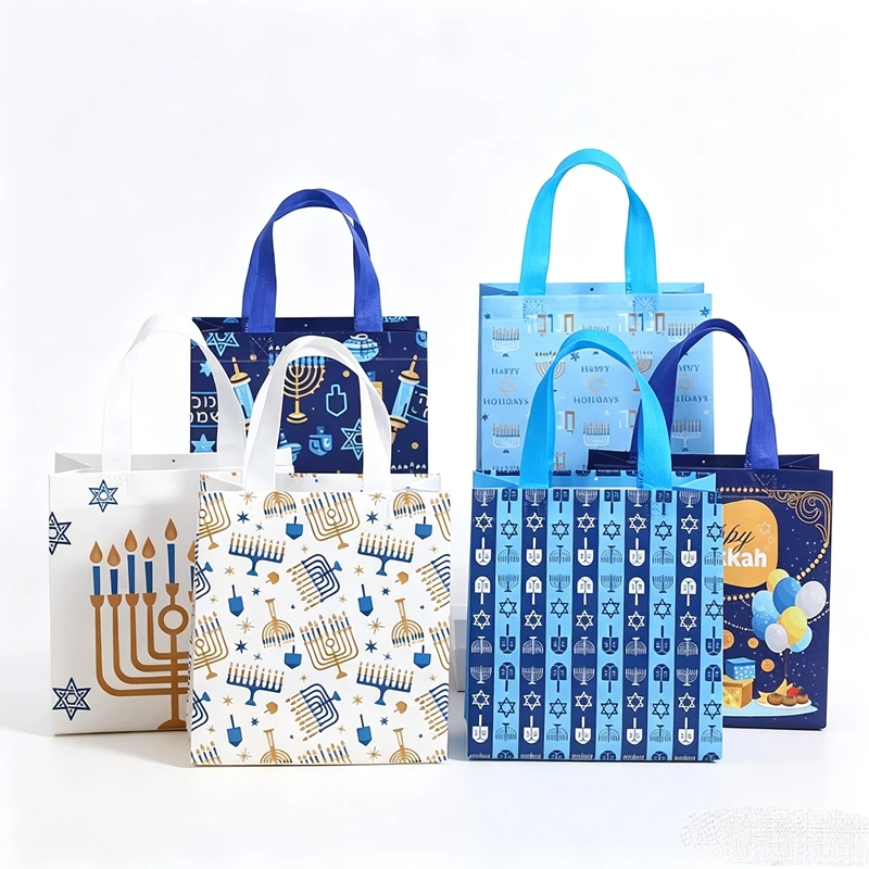Packaging - 50 ชิ้น กระเป๋าผ้าสปันบอนด์มีหูหิ้วสไตล์เก๋สำหรับเทศกาลยิว ถุงใส่ขนมฮานุคคาห์ ของตกแต่งยิว ถุงบรรจุภัณฑ์ของขวัญแบบใช้ซ้ำได้
