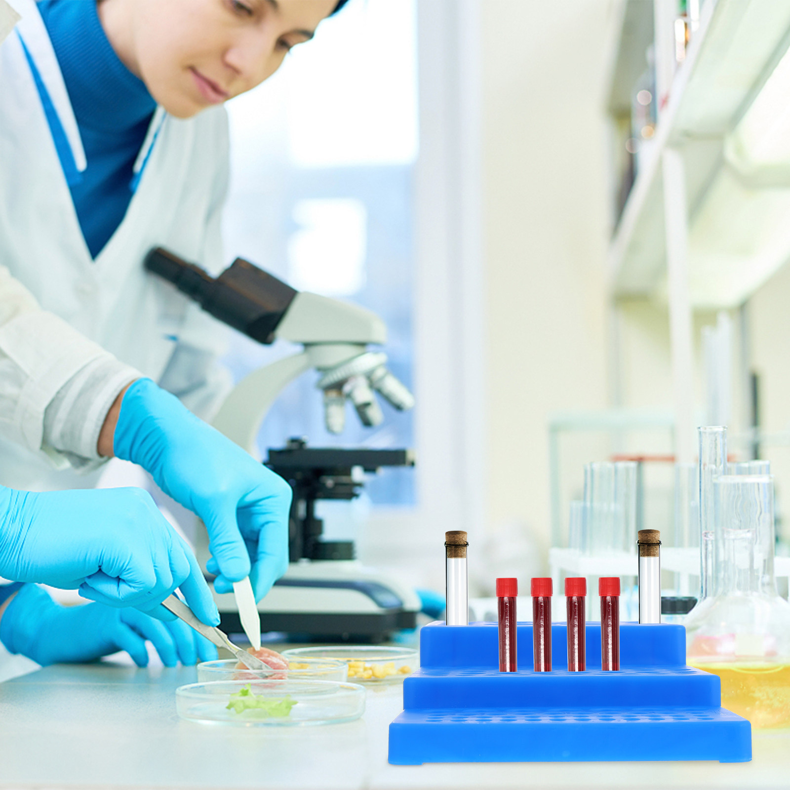 Lab Equipment - ที่วางหลอดทดลอง รูปทรงสี่เหลี่ยมคางหมู ทำจากพลาสติก PP สำหรับใช้ในห้องปฏิบัติการ เหมาะสำหรับหลอดทดลองหลายขนาด